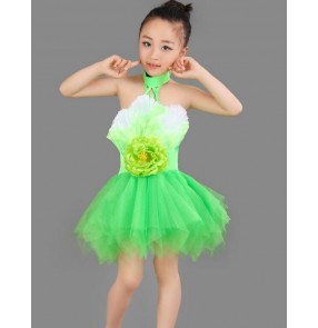 Green red yellow gold gradient flowers halter neck backless princess flower girls kids children performance competition modern dance jazz dance dresses outfits